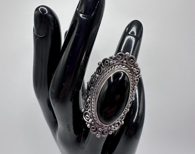 Vintage Samuel B Women’s Sterling Silver Onyx Cabochon Cocktail Ring Size 8