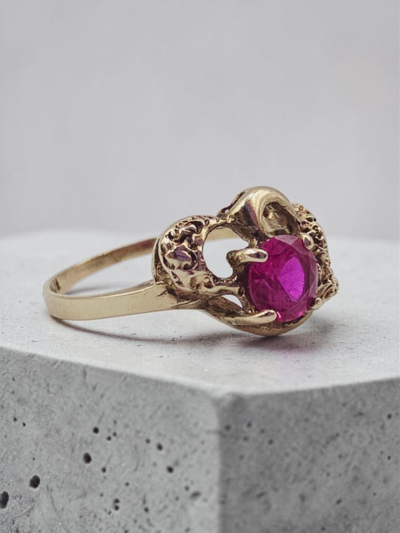 Solid 10K Yellow Gold Ring with Round-Cut Ruby – … - image 5