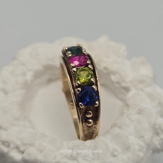 10K Solid Gold Five Stone Gem Ring, Blue Spinel, … - image 8