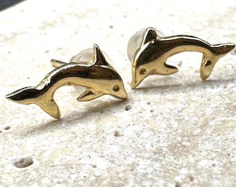 14K Solid Gold Dolphin Stud Earrings