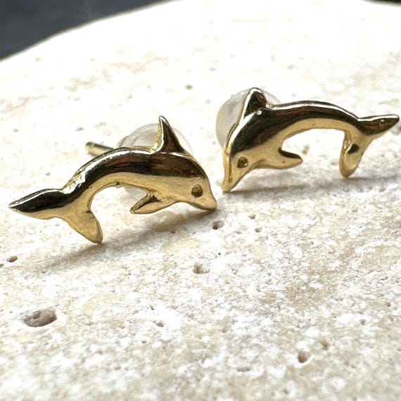 14K Solid Gold Dolphin Stud Earrings - image 1