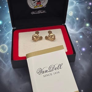 Pendientes de botón de oro amarillo macizo de 14 quilates con diseño de Mickey Mouse de Disney Van Dell en caja original. imagen 7