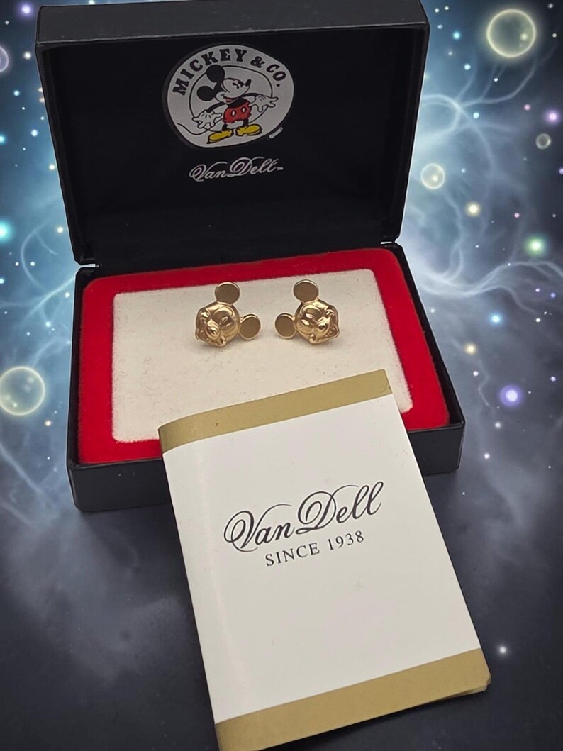 Pendientes de botón de oro amarillo macizo de 14 quilates con diseño de Mickey Mouse de Disney Van Dell en caja original. imagen 7