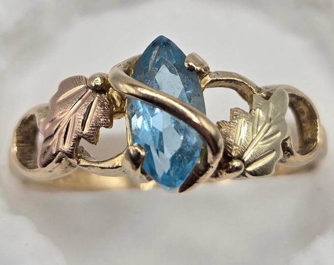 Tri-Color Black Hills Gold Blue Topaz Ring, Vintage 10k, Size 5.5