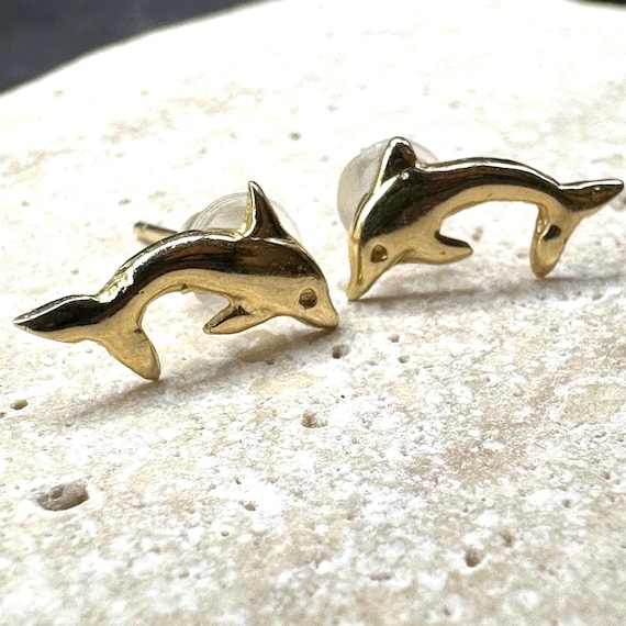 14K Solid Gold Dolphin Stud Earrings - image 1
