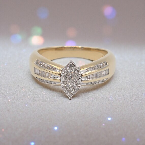 Rosy Blue Solid 14K Yellow Gold Marquise Diamond Cluster Ring – Size 7.25