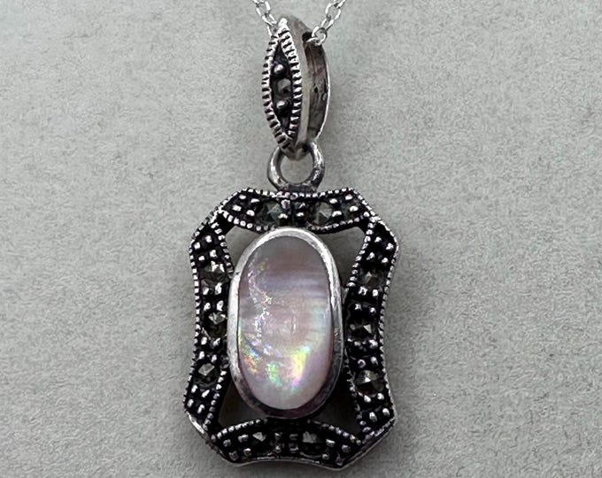 Sterling Silver Oval Opal and Marcasite Vintage Necklace ITALY 925 16”