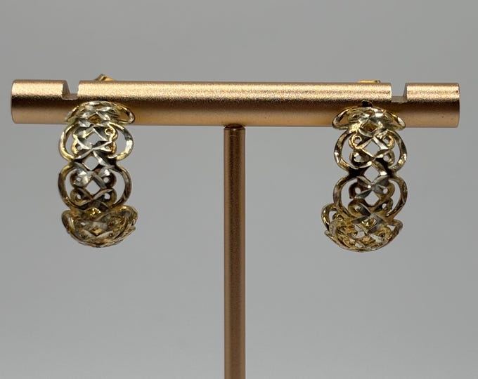 Vintage Gold Vermeil 925 Silver Open Weave Open Hoop Earrings