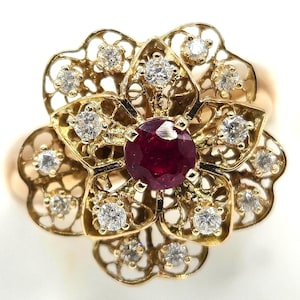 Solid 18K Yellow Gold Filigree Flower Ring with Ruby and Diamonds – Size 6.5