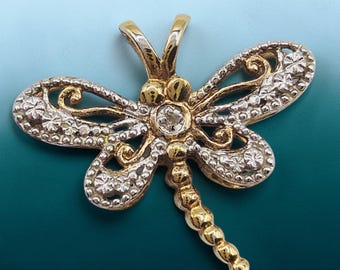 Gold Vermeil 925 Sterling Silver Dragonfly Pendant with Diamond Accent