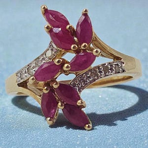 Solid 10K Gold Ring with Marquise-Cut Ruby Cluster & Diamond Accents - Size 7