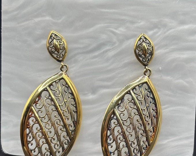 Gold Vermeil Over Sterling Silver Vintage Spanish Drop Dangle Earrings With Filigree Pattern