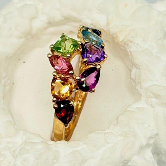 Solid 14K Yellow Gold Multi-Gemstone Ring with Em… - image 14