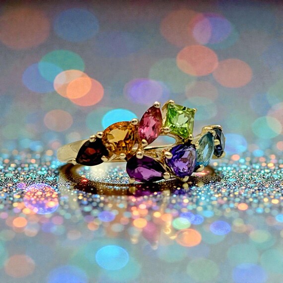 Solid 14K Yellow Gold Multi-Gemstone Ring with Em… - image 3