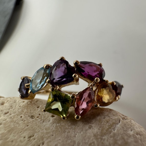 14k Gold Multi Gemstone Cluster Ring, Vintage Sty… - image 19
