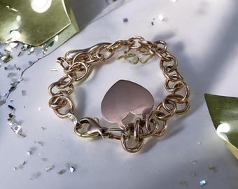 10K Bracelet with Heart Charm and 14K Four Leaf Clover 7.25 Inches Length