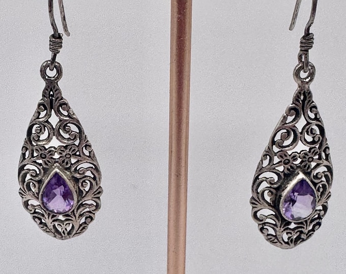 Sterling Silver Purple Gem Drop Earrings