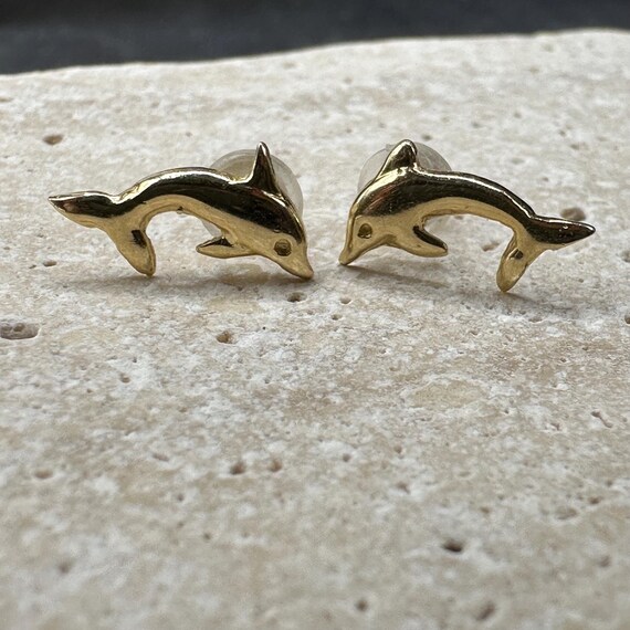 14K Solid Gold Dolphin Stud Earrings - image 7