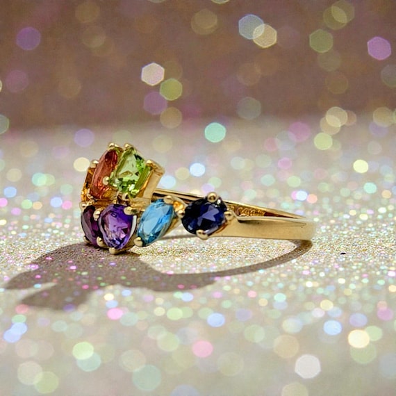 Solid 14K Yellow Gold Multi-Gemstone Ring with Em… - image 2