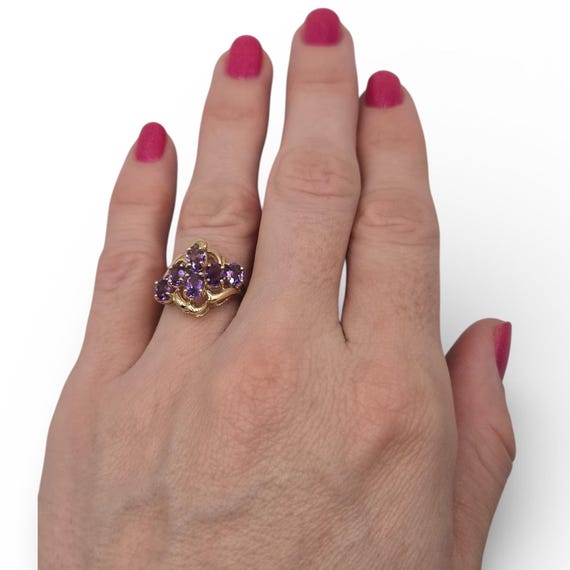 10K Solid Gold Amethyst Ring, Multi Stone Cluster… - image 3
