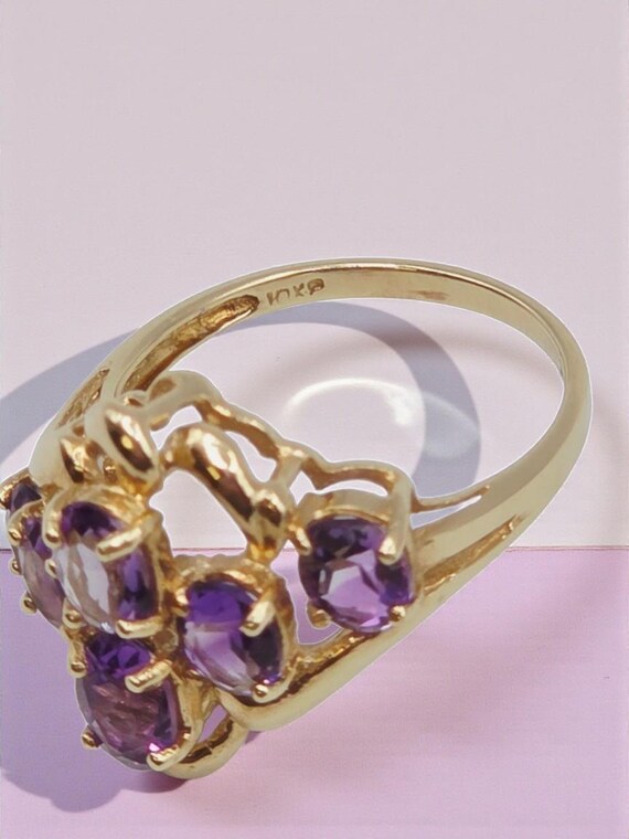 Solid 10K Yellow Gold Ring with Amethyst Cluster-… - image 10