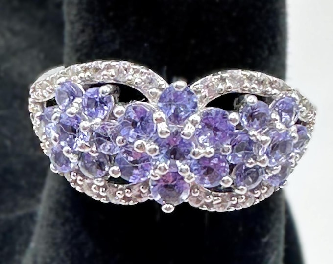 Sterling Silver Multi Stone Purple Floral Ring Size