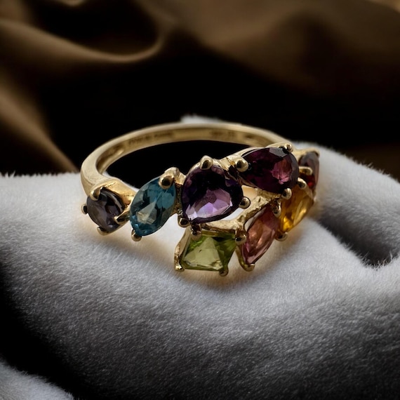 14k Gold Multi Gemstone Cluster Ring, Vintage Sty… - image 2