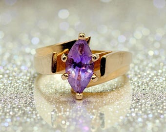 Helzberg Solid 14K Yellow Gold Ring with Marquise-Cut Amethyst – Size 6