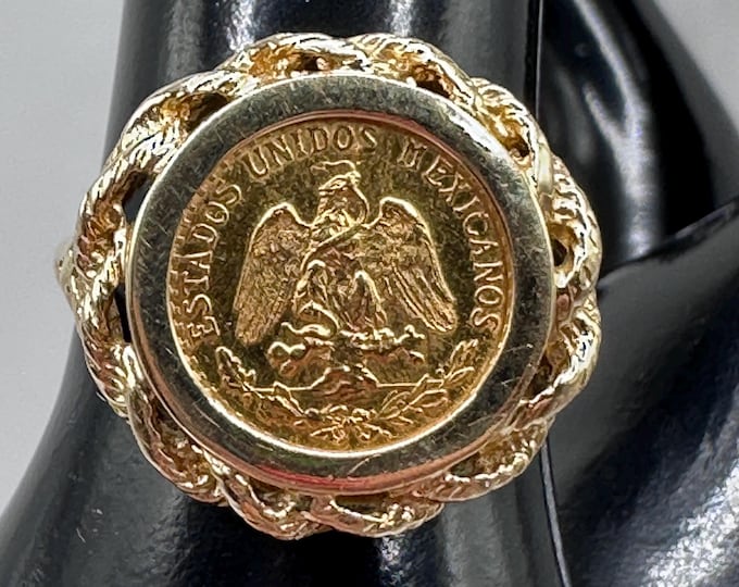 Vintage Mexican Dos Pesos 22K Gold Coin Ring - 14KP Gold Setting, Size 8.5