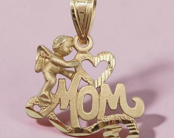 Michael Anthony Mom Heart Angel Cherub Solid 14K Yellow Gold Pendant