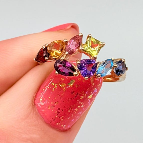 Solid 14K Yellow Gold Multi-Gemstone Ring with Em… - image 9