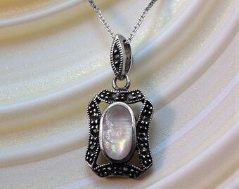Sterling Silver 925 Marcasite Pink Mother of Pearl Pendant Necklace 16 Inch