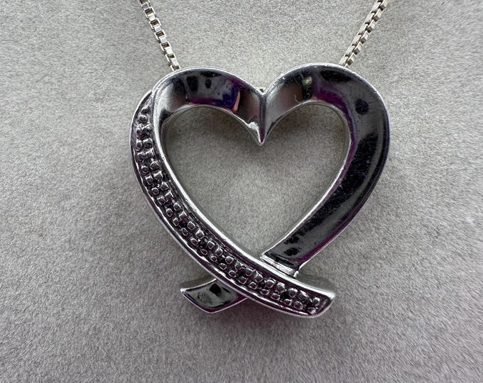 Vintage Sterling Silver 925 Heart Pendant with Diamonds 15.5 inches