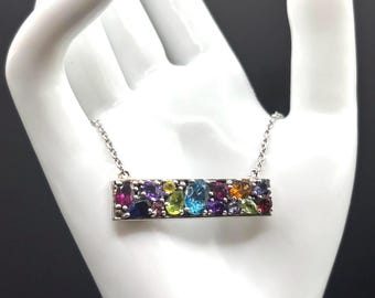 Sterling Silver Multi-Color Gem Samuel B Designer Vintage Necklace 16.5-19.5 Inches Adjustable Length