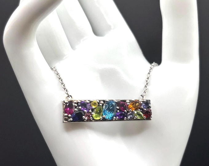Sterling Silver Multi-Color Gem Samuel B Designer Vintage Necklace 16.5-19.5 Inches Adjustable Length