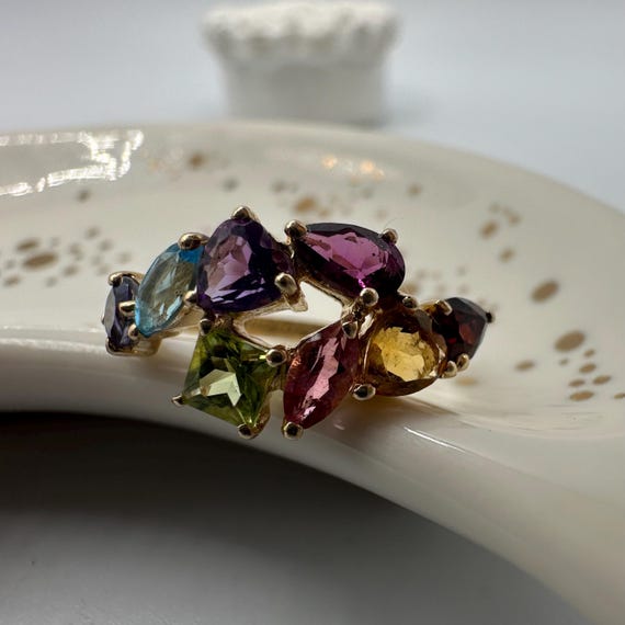 14k Gold Multi Gemstone Cluster Ring, Vintage Sty… - image 5
