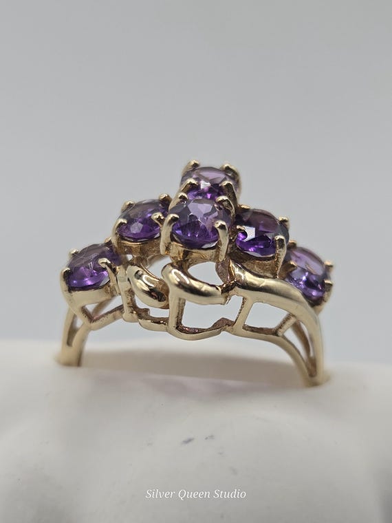 10K Solid Gold Amethyst Ring, Multi Stone Cluster… - image 8