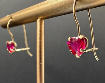 14K Solid Gold and Heart Cut Ruby Dangle Drop Earrings