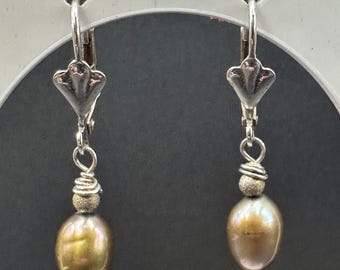 925 Sterling Silver and Black Pearl Drop Hoop Earrings