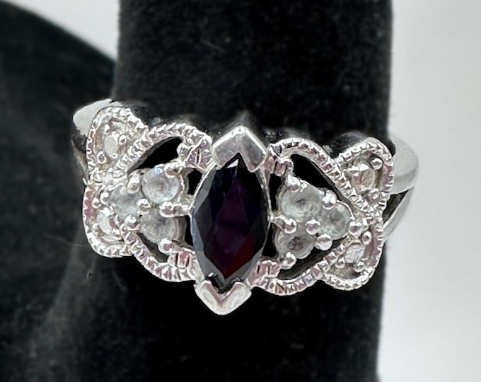 Marquise Blue Sapphire Sterling Silver Ring Vintage Size 7.25