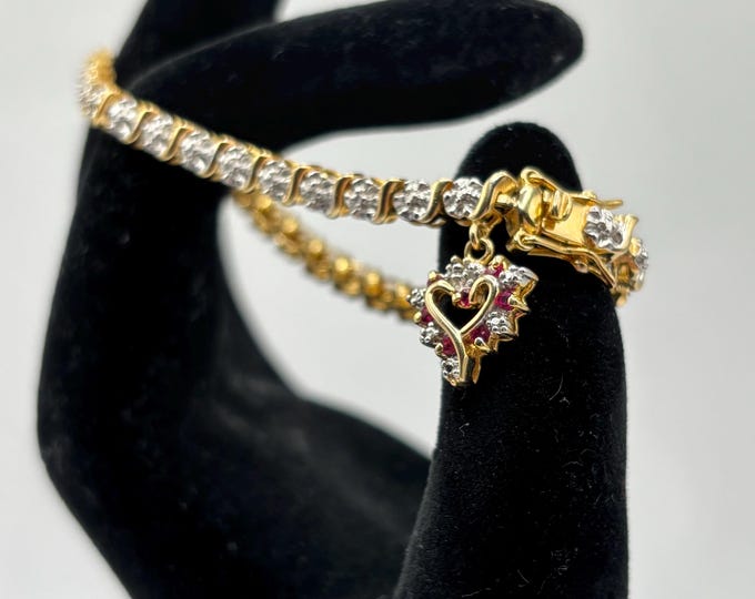 Vintage Vermeil Sterling Silver Link Bracelet: Ruby Heart Charm, 7 Inch