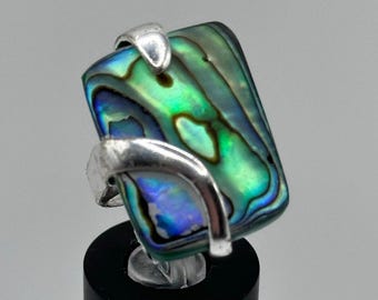 Sterling Silver 925 Abalone Paua Shell Rectangular Statement Ring Size 5.5