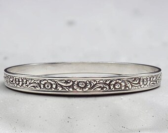 Sterling Silver Embossed Floral Repousse Bangle Bracelet 8.25 Inch