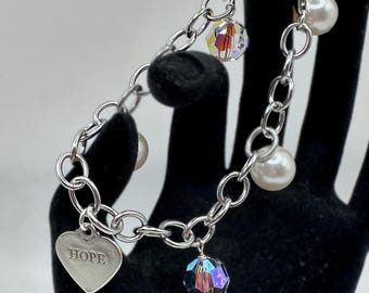 HOPE Heart Charm Bracelet 925 Sterling Silver with Beads and Pearls 8 inches