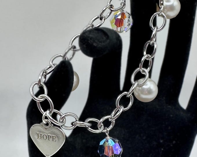 HOPE Heart Charm Bracelet 925 Sterling Silver with Beads and Pearls 8 inches
