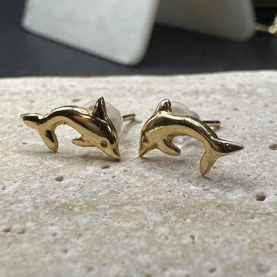14K Solid Gold Dolphin Stud Earrings - image 5