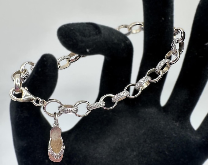 Sterling Silver Linked Bracelet with Sandal Charm *Unique Markings* 7.5 inches