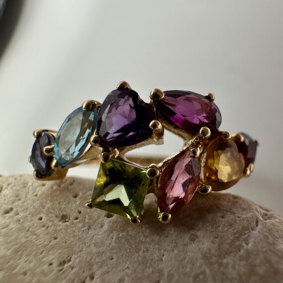 14k Gold Multi Gemstone Cluster Ring, Vintage Sty… - image 20