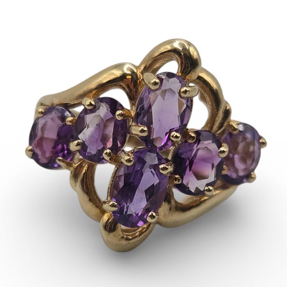 10K Solid Gold Amethyst Ring, Multi Stone Cluster… - image 1