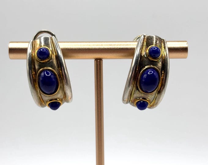 Vintage Gold Vermeil Over 925 Sterling Silver Hoop Earrings With Lapis Lazuli Accents